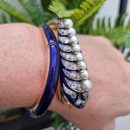 Victorian Antique Blue Enamel Pearl Diamond Set Gold Snake Bangle Bracelet