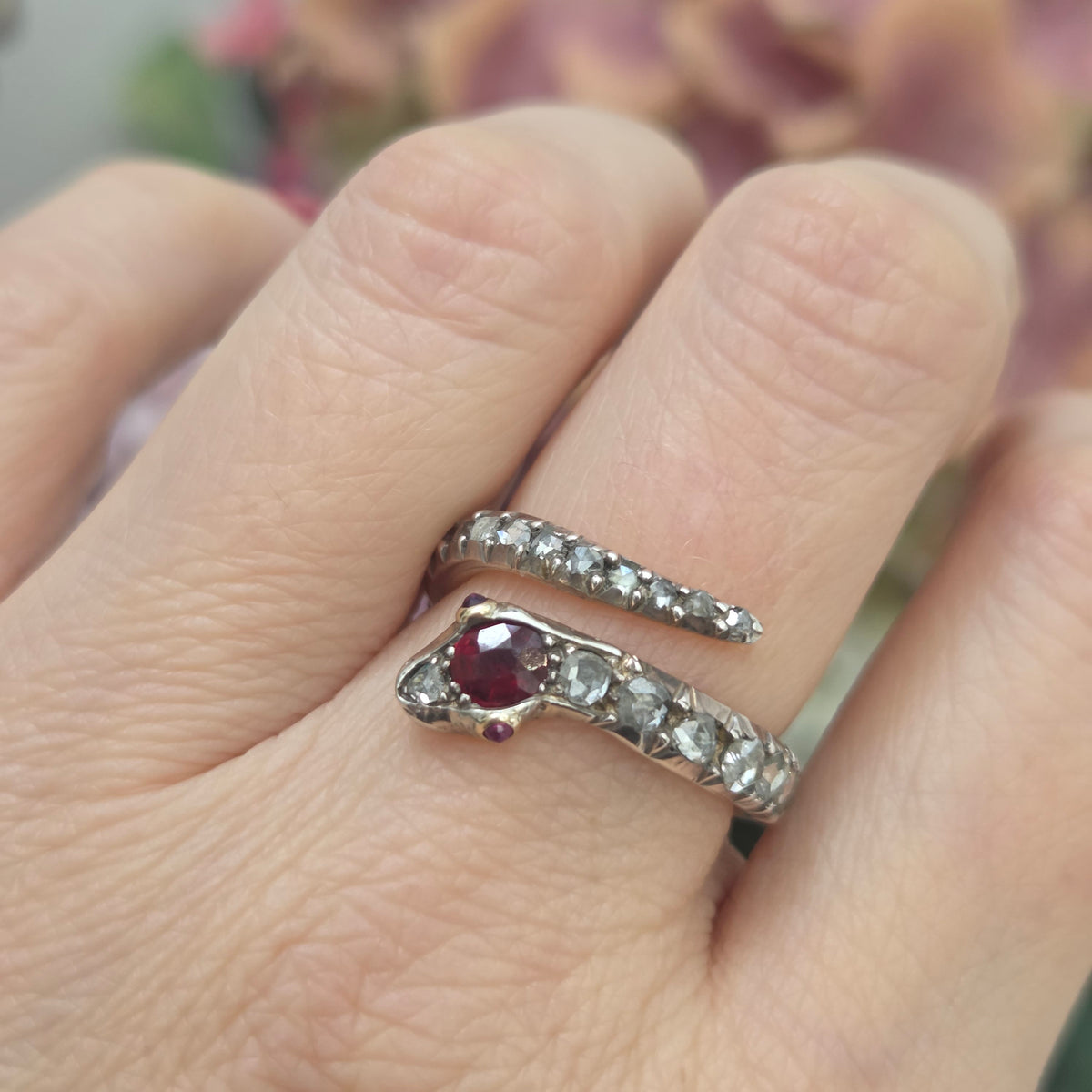 Victorian Antique Ruby and Diamond Snake Ring