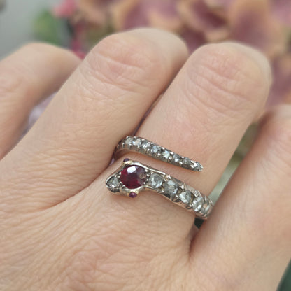 Victorian Antique Ruby and Diamond Snake Ring