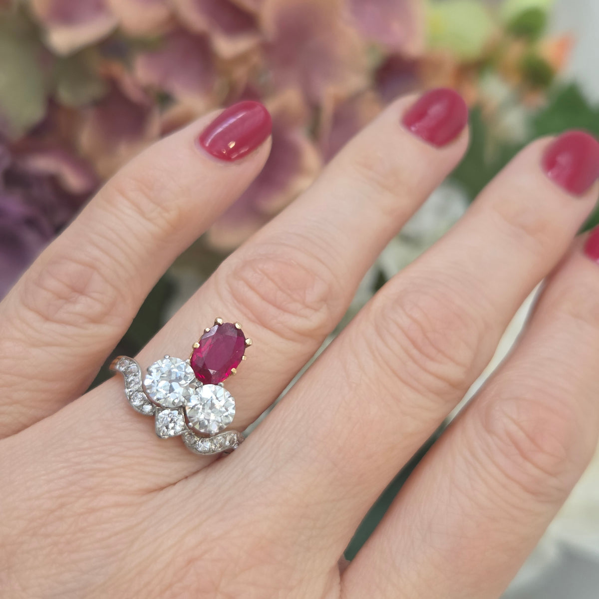 Belle Epoque Antique Ruby and Old Cut Diamond Tiara Ring