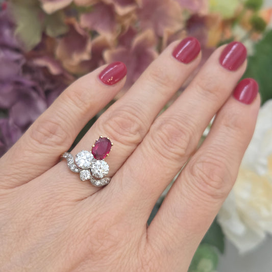 Belle Epoque Antique Ruby and Old Cut Diamond Tiara Ring