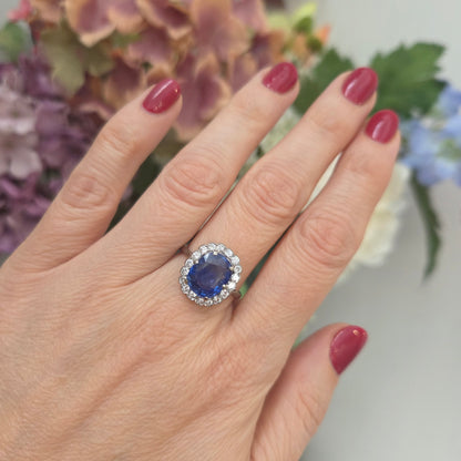 Art Deco 4.30ct Ceylon No Heat Sapphire and Diamond Cluster Engagement Ring