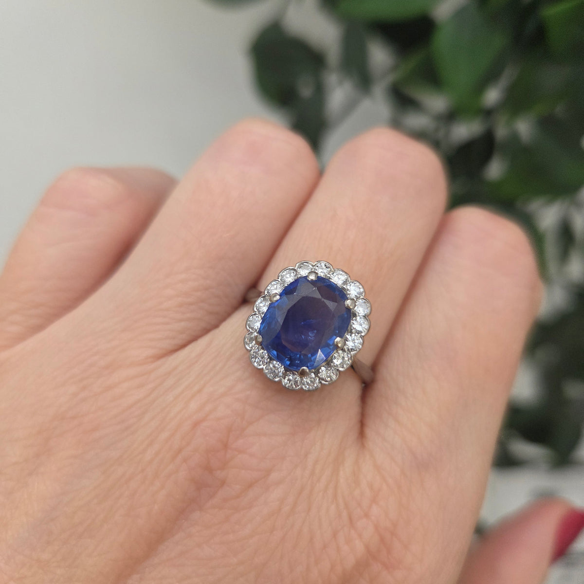 Art Deco 4.30ct Ceylon No Heat Sapphire and Diamond Cluster Engagement Ring