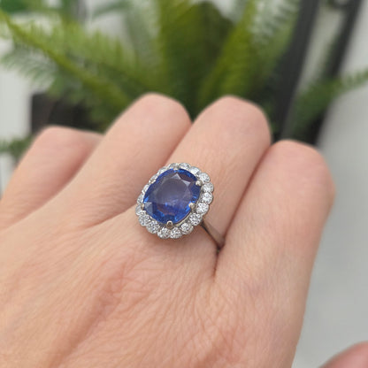Art Deco 4.30ct Ceylon No Heat Sapphire and Diamond Cluster Engagement Ring