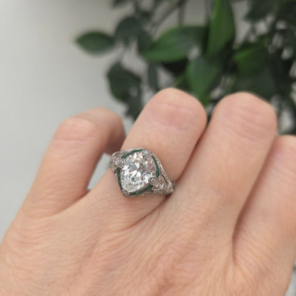 Edwardian Antique GIA 2.03ct Pear Shape Old Mine Cut Diamond and Emerald Target Cluster Engagement Ring in Platinum