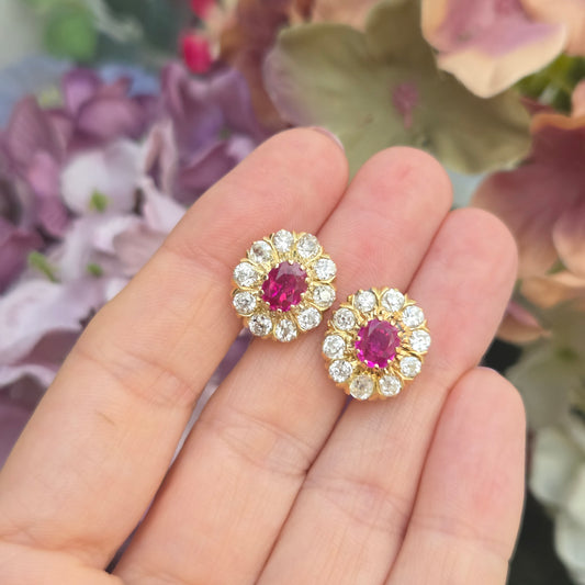 Vintage Burma Ruby and Old Cut Diamond Cluster Earrings