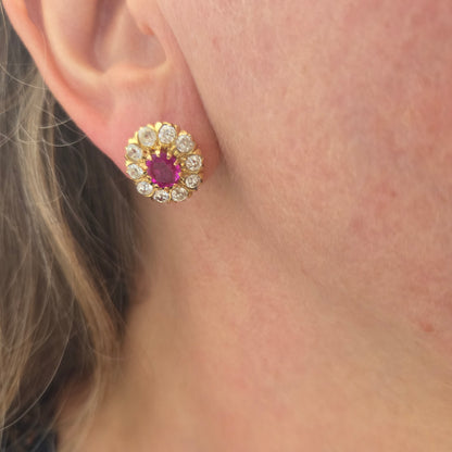 Vintage Burma Ruby and Old Cut Diamond Cluster Earrings
