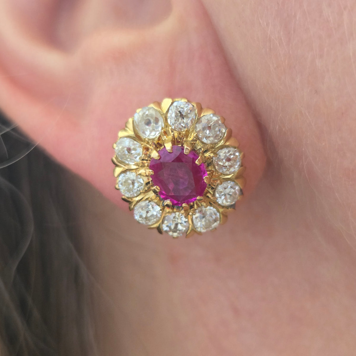 Vintage Burma Ruby and Old Cut Diamond Cluster Earrings