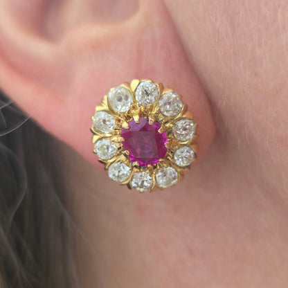Vintage Burma Ruby and Old Cut Diamond Cluster Earrings