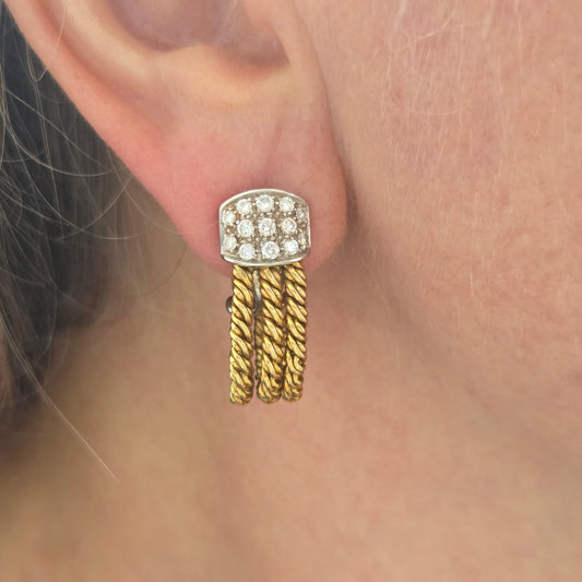 Vintage Pomellato Gold Rope Hoop Earrings with Diamonds