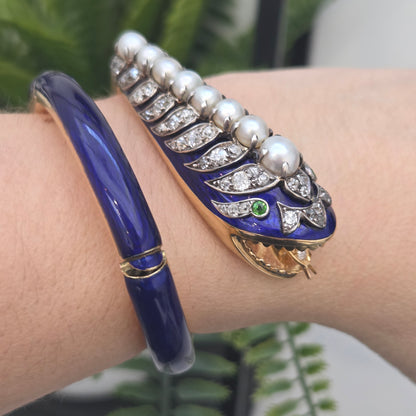 Victorian Antique Blue Enamel Pearl Diamond Set Gold Snake Bangle Bracelet