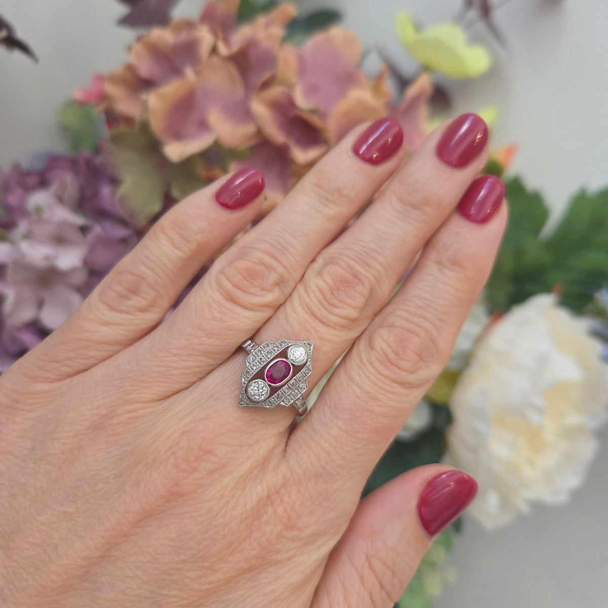 Antique Ruby and Diamond Three Stone Shield Cluster Plaque Ring