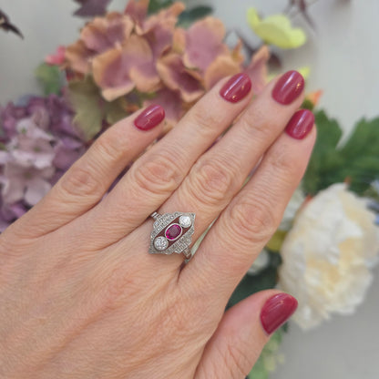 Antique Ruby and Diamond Three Stone Shield Cluster Plaque Ring