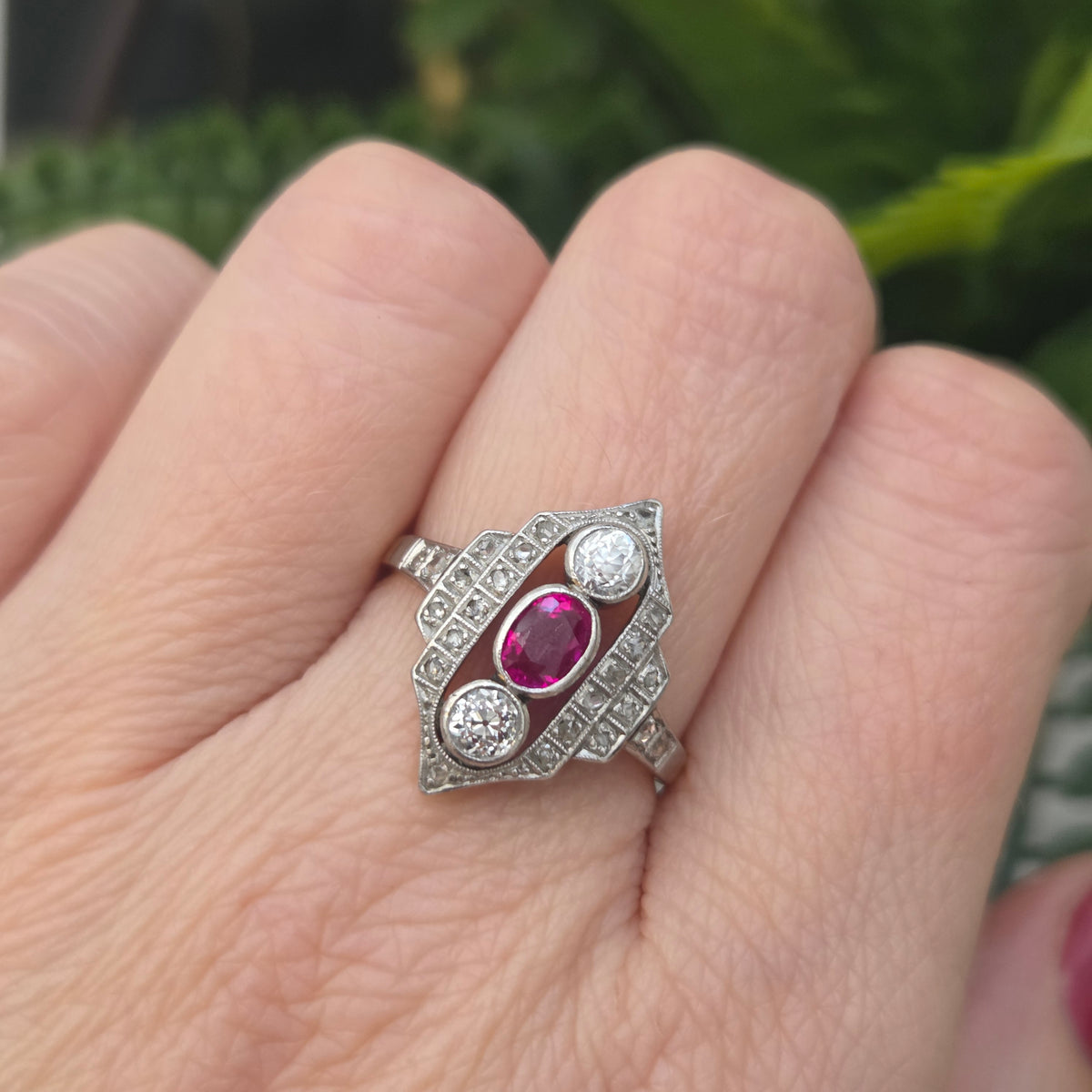 Antique Ruby and Diamond Three Stone Shield Cluster Plaque Ring