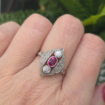 Antique Ruby and Diamond Three Stone Shield Cluster Plaque Ring
