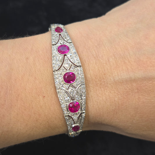 Belle Epoque Antique 3ct Burma Ruby and 6ct Diamond Bracelet in Platinum