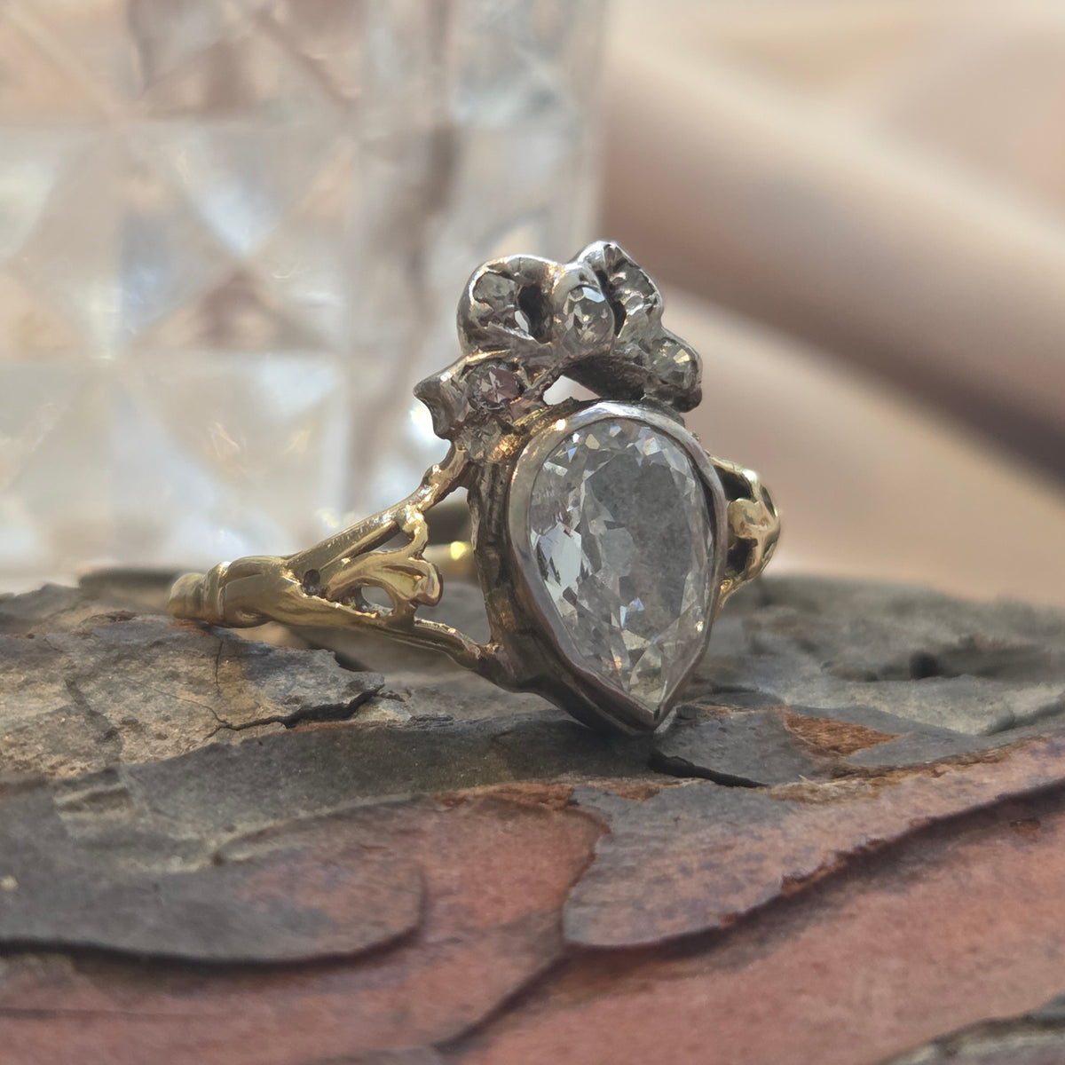 Victorian Antique Old Cut Diamond Claddagh Bow Ring