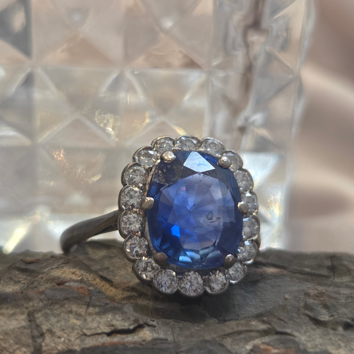 Art Deco 4.30ct Ceylon No Heat Sapphire and Diamond Cluster Engagement Ring