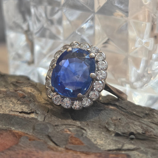 Art Deco 4.30ct Ceylon No Heat Sapphire and Diamond Cluster Engagement Ring
