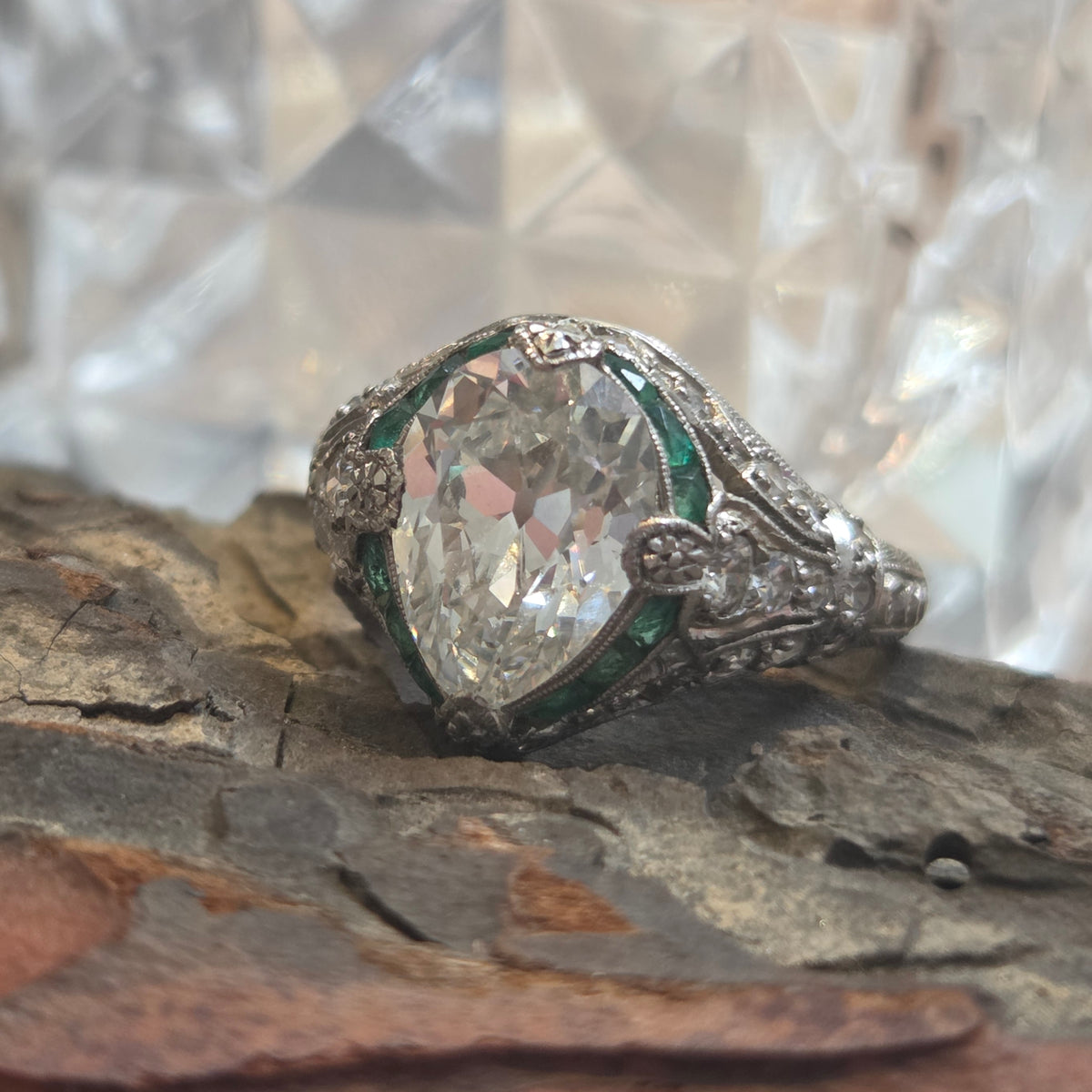 Edwardian Antique GIA 2.03ct Pear Shape Old Mine Cut Diamond and Emerald Target Cluster Engagement Ring in Platinum