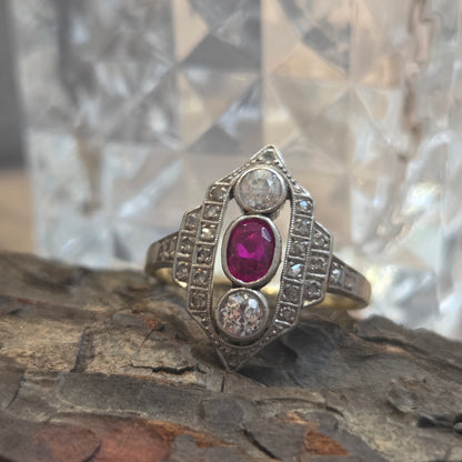 Antique Ruby and Diamond Three Stone Shield Cluster Plaque Ring