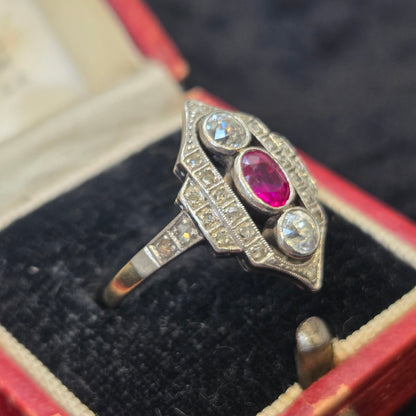 Antique Ruby and Diamond Three Stone Shield Cluster Plaque Ring