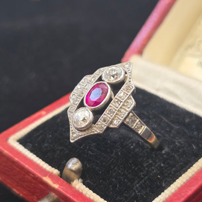 Antique Ruby and Diamond Three Stone Shield Cluster Plaque Ring