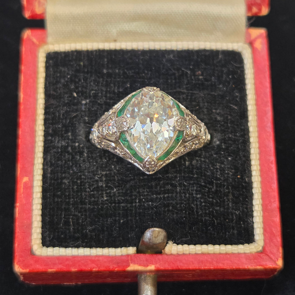 Edwardian Antique GIA 2.03ct Pear Shape Old Mine Cut Diamond and Emerald Target Cluster Engagement Ring in Platinum