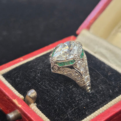 Edwardian Antique GIA 2.03ct Pear Shape Old Mine Cut Diamond and Emerald Target Cluster Engagement Ring in Platinum