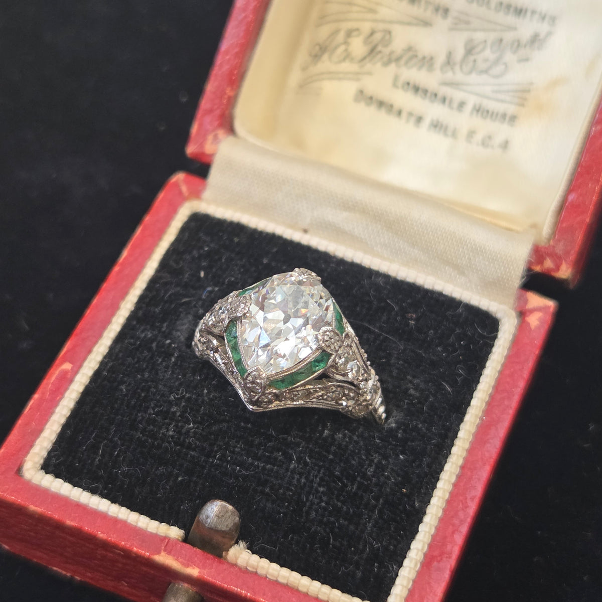 Edwardian Antique GIA 2.03ct Pear Shape Old Mine Cut Diamond and Emerald Target Cluster Engagement Ring in Platinum