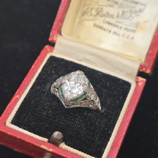 Edwardian Antique GIA 2.03ct Pear Shape Old Mine Cut Diamond and Emerald Target Cluster Engagement Ring in Platinum