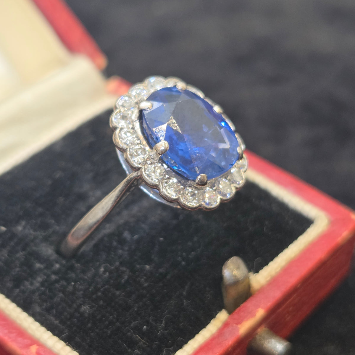 Art Deco 4.30ct Ceylon No Heat Sapphire and Diamond Cluster Engagement Ring