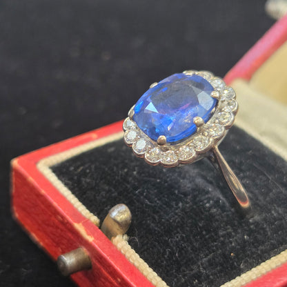 Art Deco 4.30ct Ceylon No Heat Sapphire and Diamond Cluster Engagement Ring