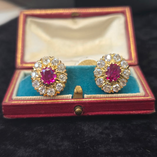 Vintage Burma Ruby and Old Cut Diamond Cluster Earrings