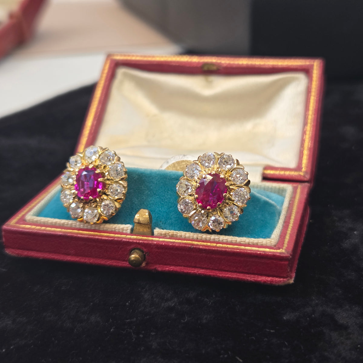 Vintage Burma Ruby and Old Cut Diamond Cluster Earrings