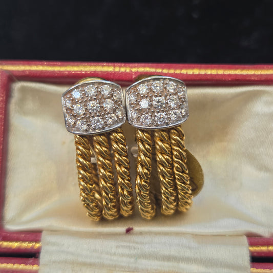 Vintage Pomellato Gold Rope Hoop Earrings with Diamonds