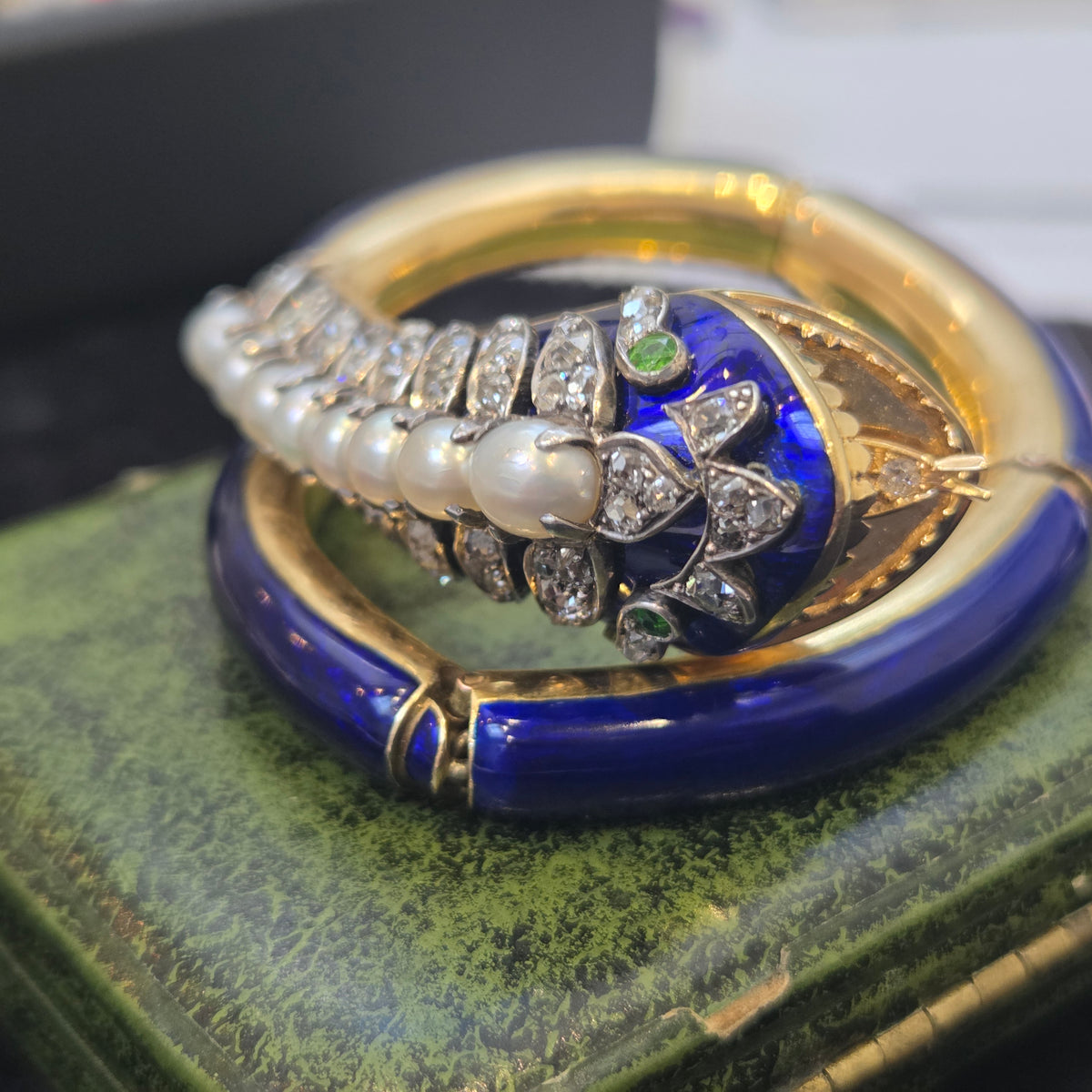 Victorian Antique Blue Enamel Pearl Diamond Set Gold Snake Bangle Bracelet