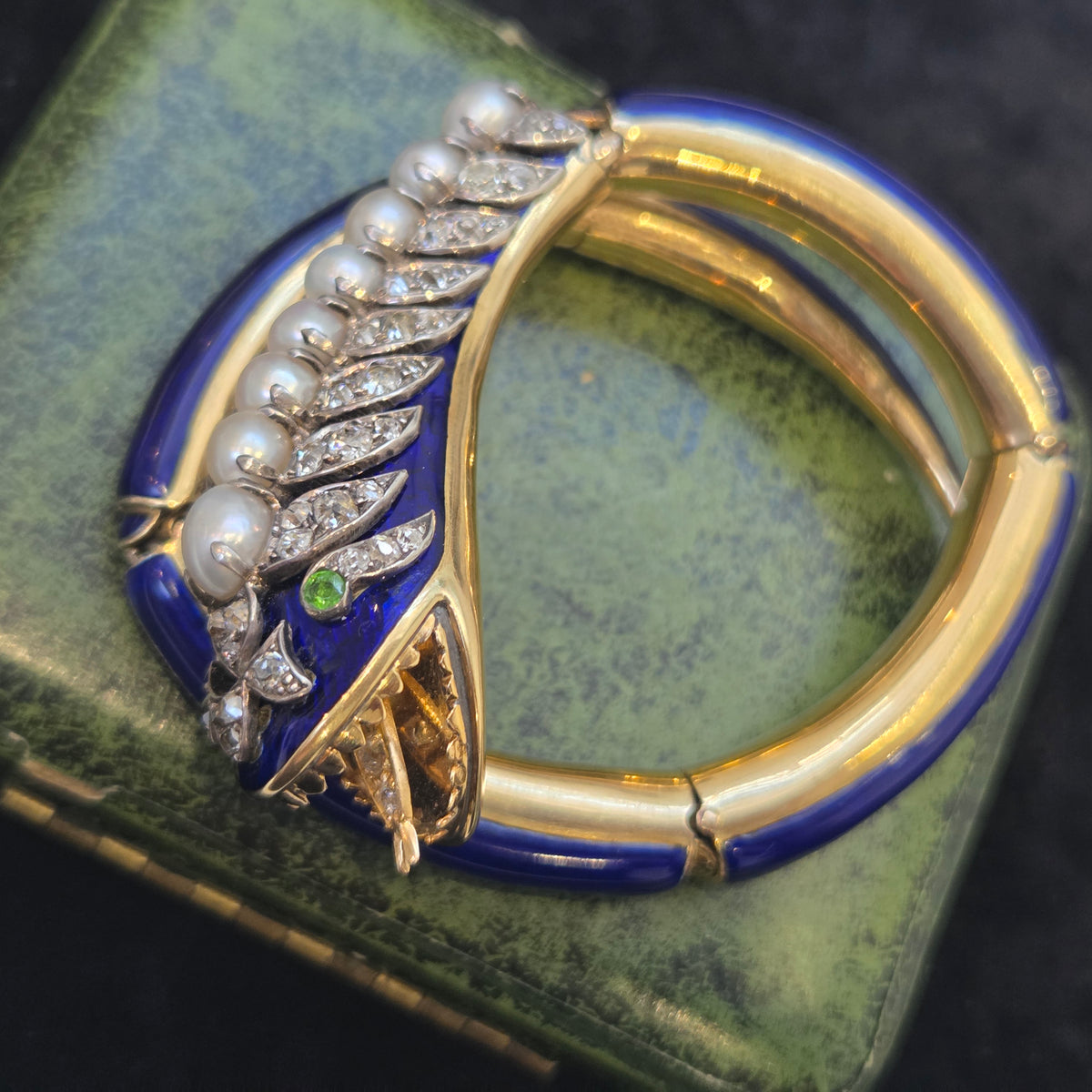 Victorian Antique Blue Enamel Pearl Diamond Set Gold Snake Bangle Bracelet