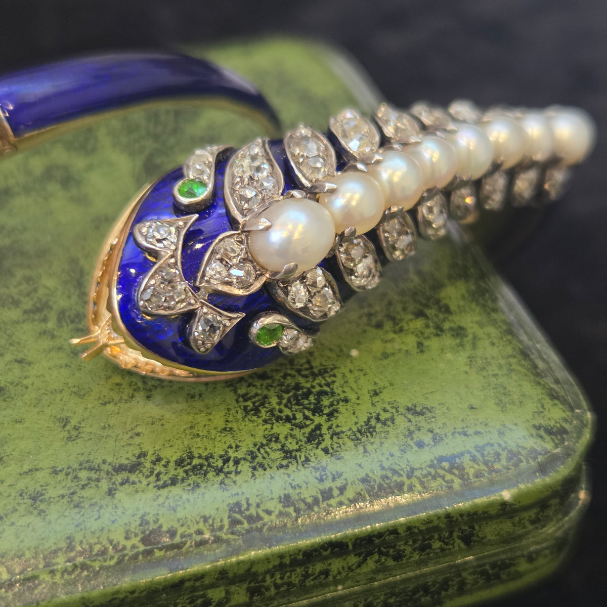 Victorian Antique Blue Enamel Pearl Diamond Set Gold Snake Bangle Bracelet