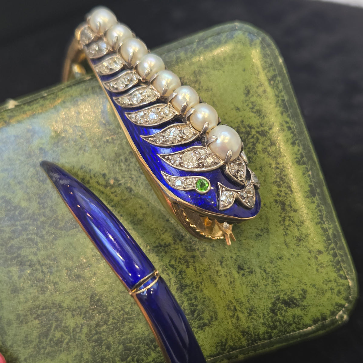 Victorian Antique Blue Enamel Pearl Diamond Set Gold Snake Bangle Bracelet
