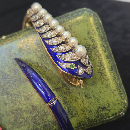 Victorian Antique Blue Enamel Pearl Diamond Set Gold Snake Bangle Bracelet