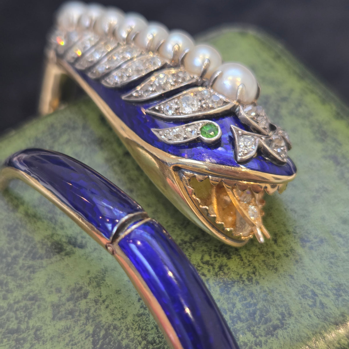 Victorian Antique Blue Enamel Pearl Diamond Set Gold Snake Bangle Bracelet