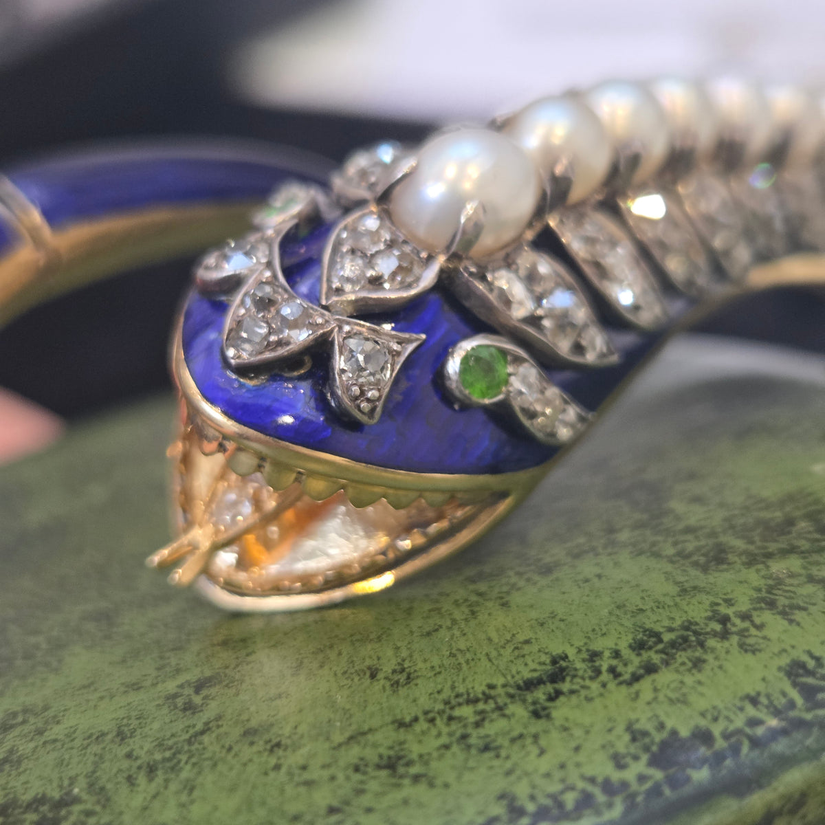 Victorian Antique Blue Enamel Pearl Diamond Set Gold Snake Bangle Bracelet