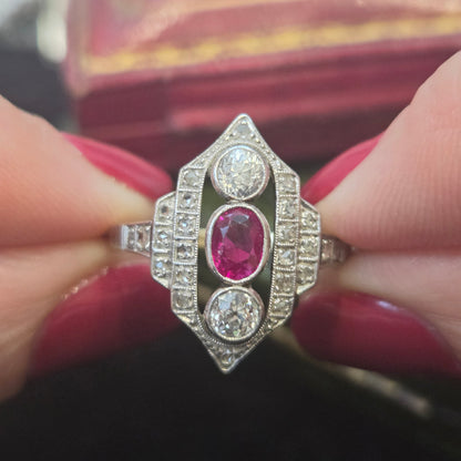 Antique Ruby and Diamond Three Stone Shield Cluster Plaque Ring