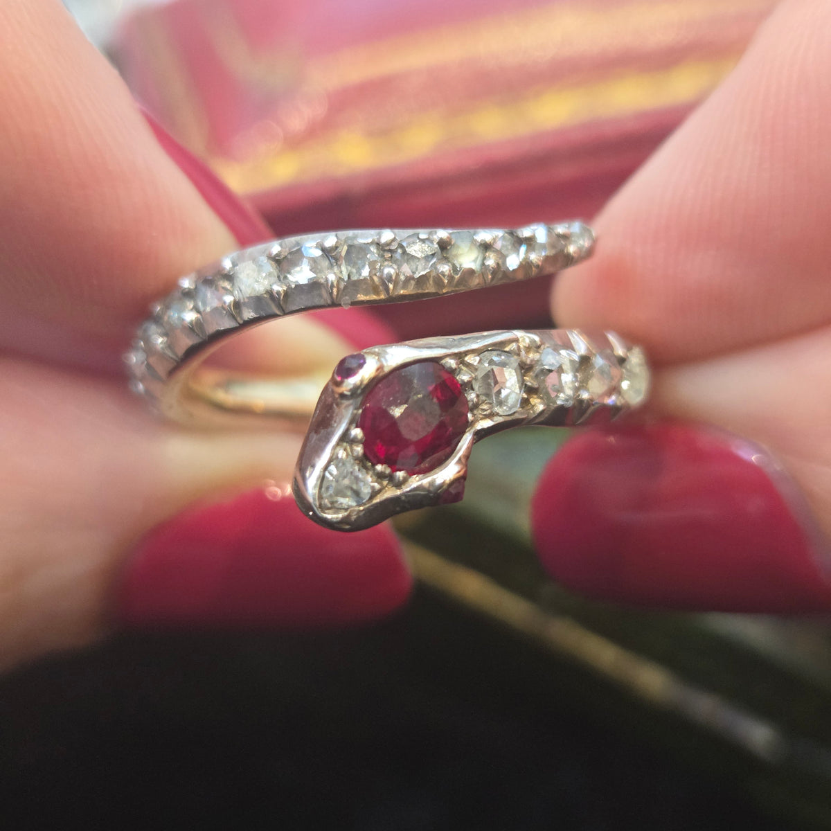 Victorian Antique Ruby and Diamond Snake Ring