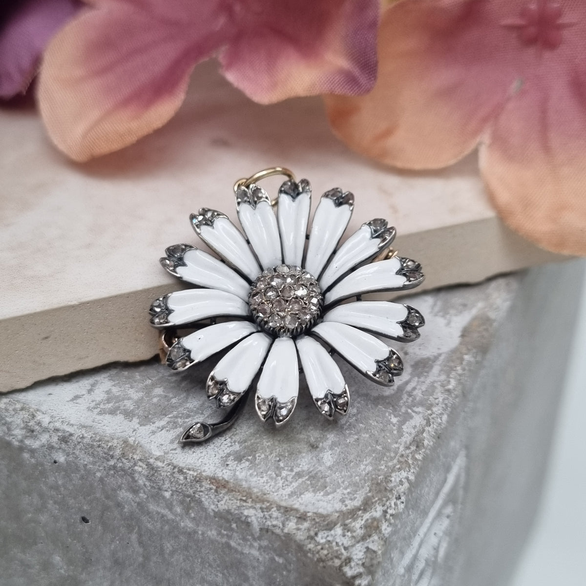 Victorian 18 Carat Gold, Silver, Enamel and Diamond Flower Brooch/Pendant
