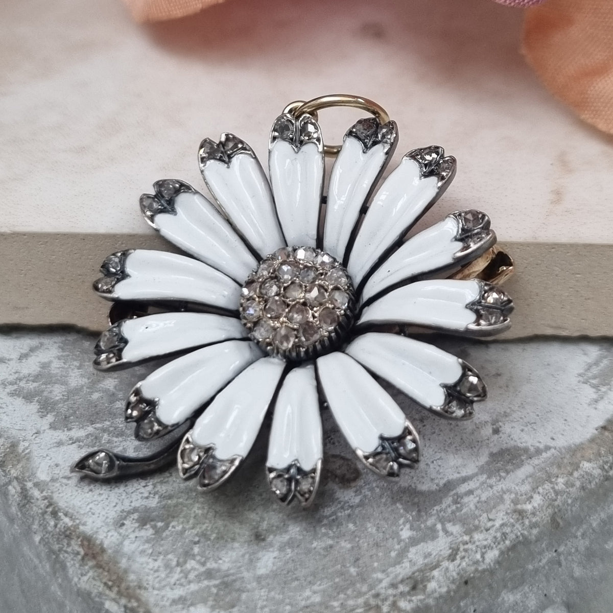 Victorian 18 Carat Gold, Silver, Enamel and Diamond Flower Brooch/Pendant