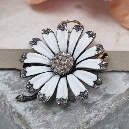 Victorian 18 Carat Gold, Silver, Enamel and Diamond Flower Brooch/Pendant