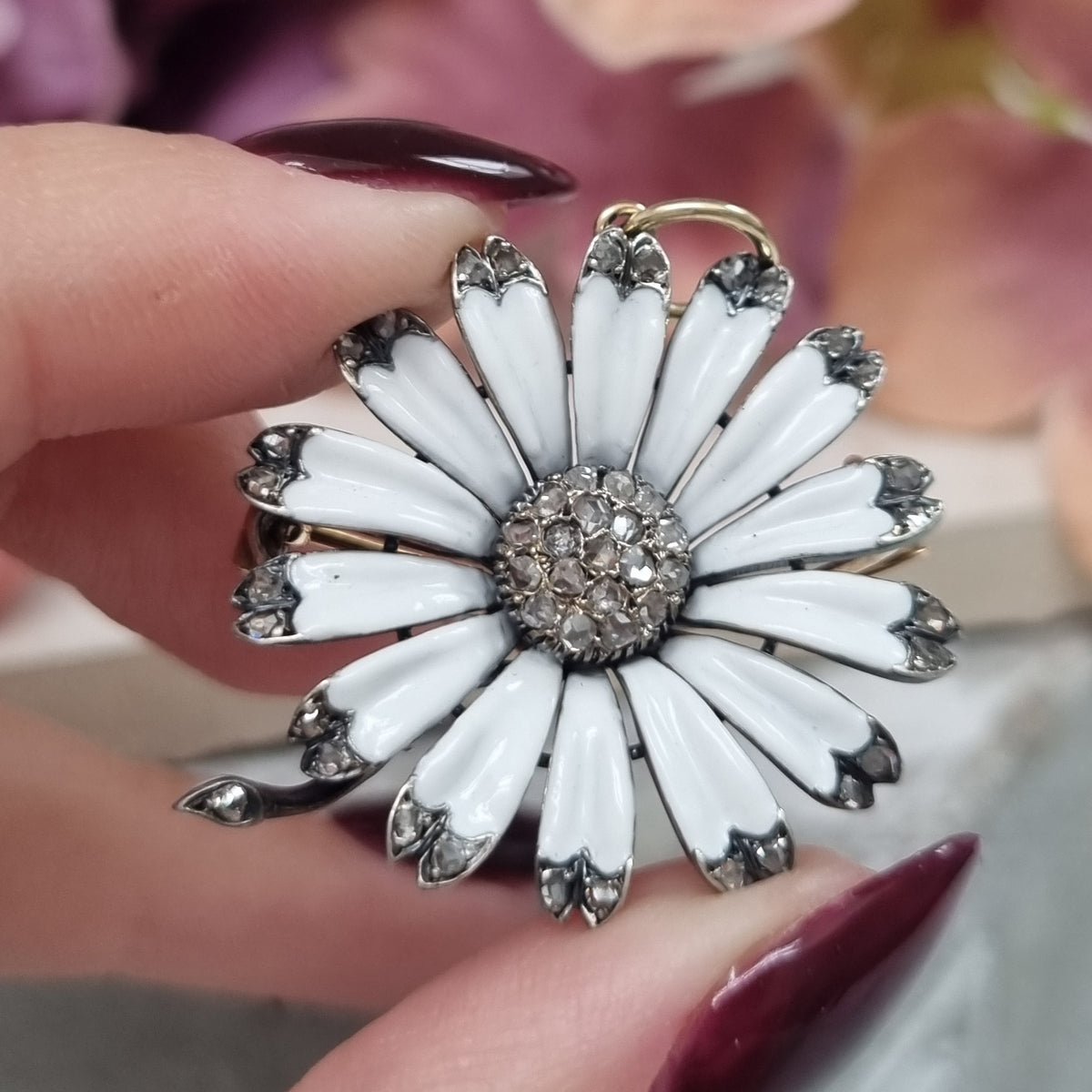 Victorian 18 Carat Gold, Silver, Enamel and Diamond Flower Brooch/Pendant