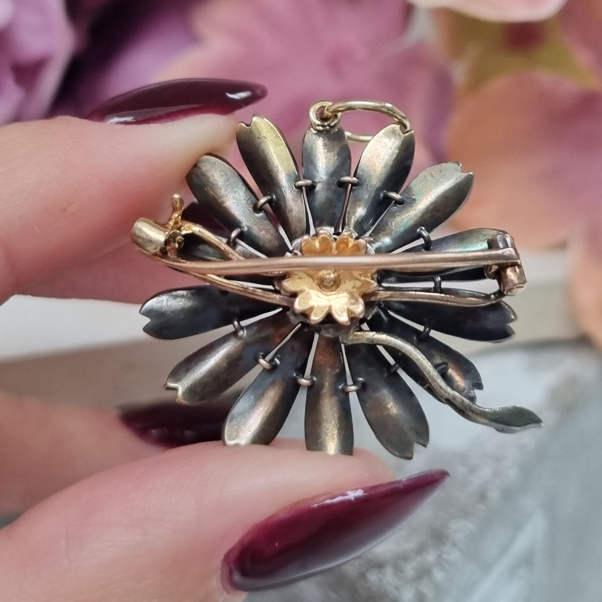 Victorian 18 Carat Gold, Silver, Enamel and Diamond Flower Brooch/Pendant